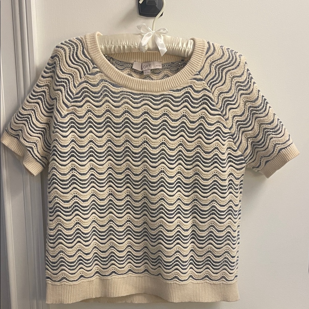 LOFT Cream and Blue Knit Wave Top